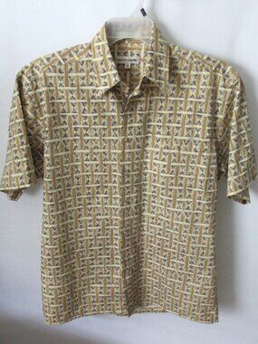 Pierre Cardin beige gray geo 100% cotton men's short sleeve casual shirt *Sz M*